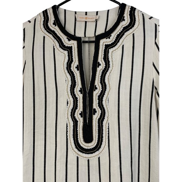 Tory Burch Filipa Slub Stripe Embroider Tunic Top white & Black Size 4 - Picture 3 of 8